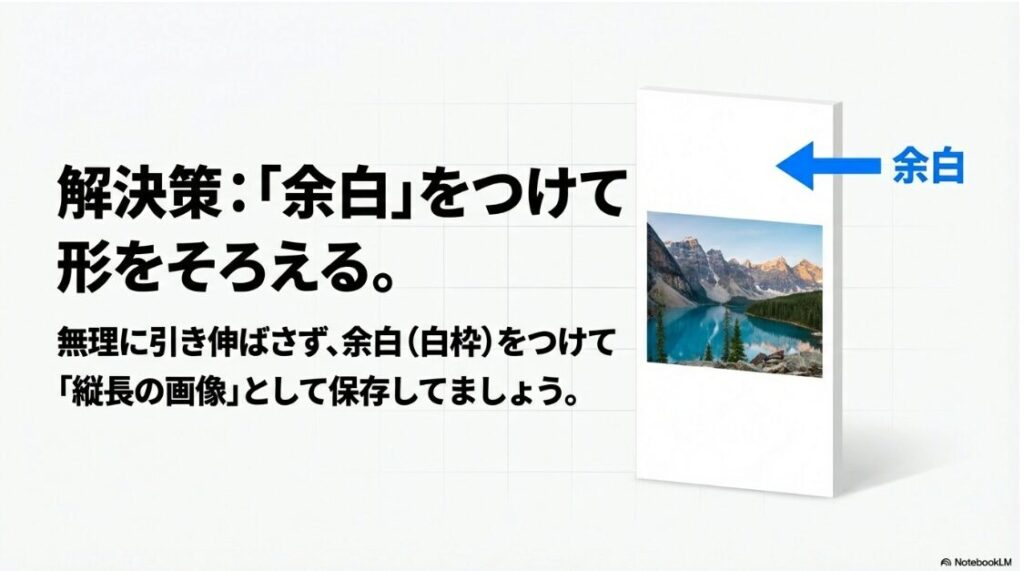 インスタの投稿サイズを混合：横長の写真を無理に引き伸ばさず余白をつけて縦長画像として保存する解決策の図解
