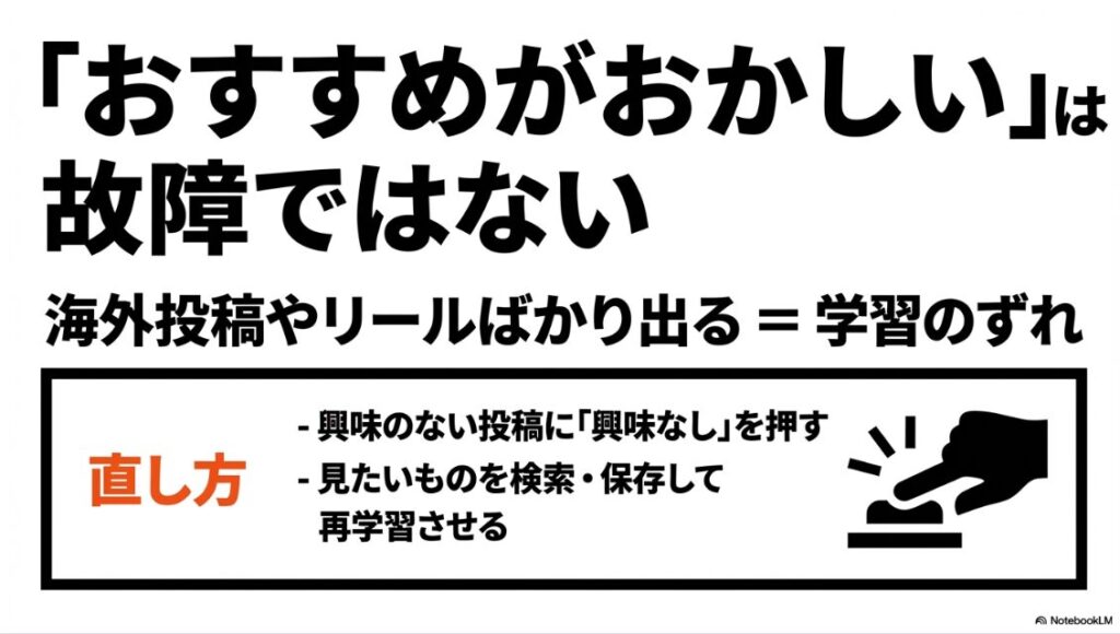 インスタで検索ができない?ぐるぐるやエラーの原因:おすすめ表示がおかしいのは故障ではなく学習のずれ。興味なしや保存で再学習させる