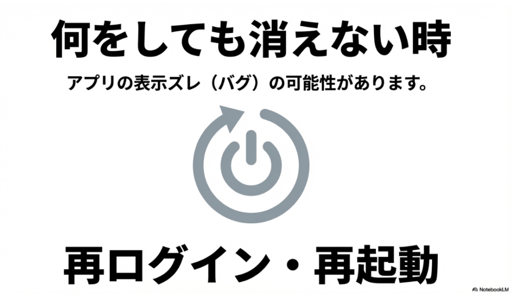 インスタの「New」マークはいつ消える？何をしても消えない時はアプリの表示ズレやバグの可能性があるため、再ログインと再起動を促す図