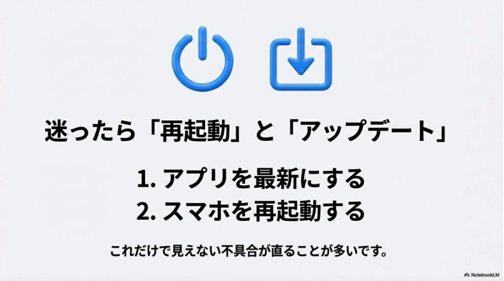 インスタの通知が来ない：Instagramアプリの最新アップデートとスマートフォンの再起動で不具合を解消する手順