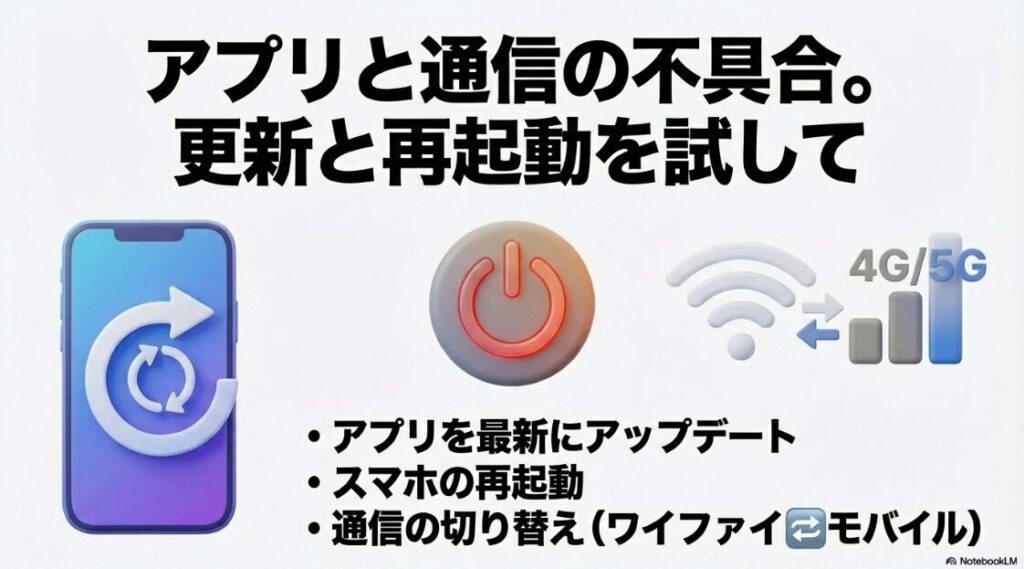 インスタライブの配信ができない？制限はなぜ：インスタグラムのアプリ更新、スマホの再起動、Wi-Fiとモバイル通信の切り替えを行うことで不具合が解消する場合があることを示す図。