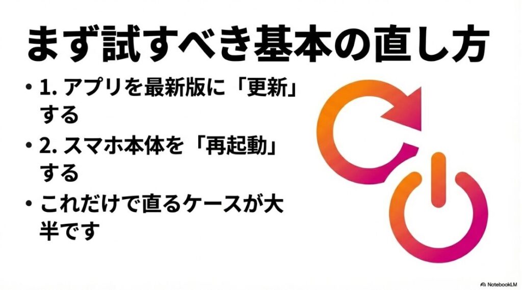 インスタのノートを見れない人:ノートが見れない時にまず試すべきアプリの最新版への更新とスマホ本体の再起動の手順