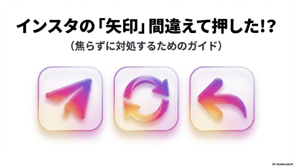 インスタの矢印マークは何？間違えて押した時：インスタの紙飛行機マークや更新矢印マークのイラスト。間違えて押した時の対処法ガイドの表紙。