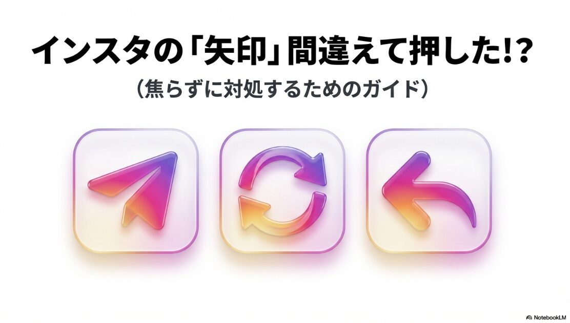 インスタの矢印マークは何？間違えて押した時：インスタの紙飛行機マークや更新矢印マークのイラスト。間違えて押した時の対処法ガイドの表紙。