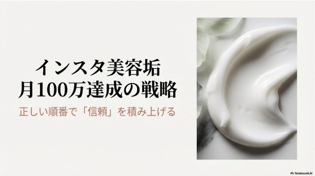 インスタ美容垢で稼ぐ！月100万達成の戦略を示した表紙 。正しい順番で「信頼」を積み上げる重要性を伝えています 。