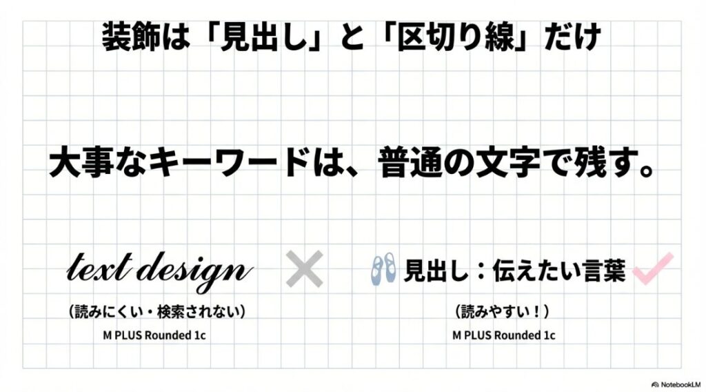 インスタの自己紹介でかわいいを作る：読みやすさを重視したフォント装飾の例。大事なキーワードは標準フォントに残し、見出しだけ装飾するテクニック