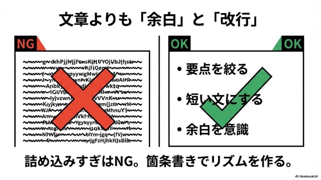 インスタの自己紹介で面白い例文55選！図解：自己紹介文のNG例とOK例。文章の詰め込みすぎを避け、余白と改行を意識する