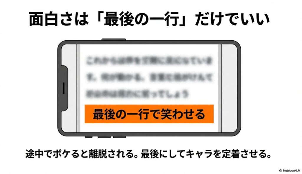 インスタの自己紹介で面白い例文55選！図解：面白さは最後の一行だけでいい。途中でボケると離脱されるリスクがあるため最後にする