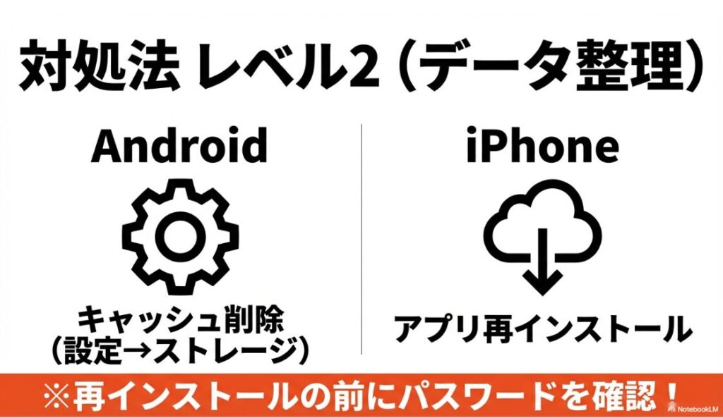 インスタで検索ができない?ぐるぐるやエラーの原因:検索エラーの対処法レベル2(Androidのキャッシュ削除、iPhoneのアプリ再インストール)