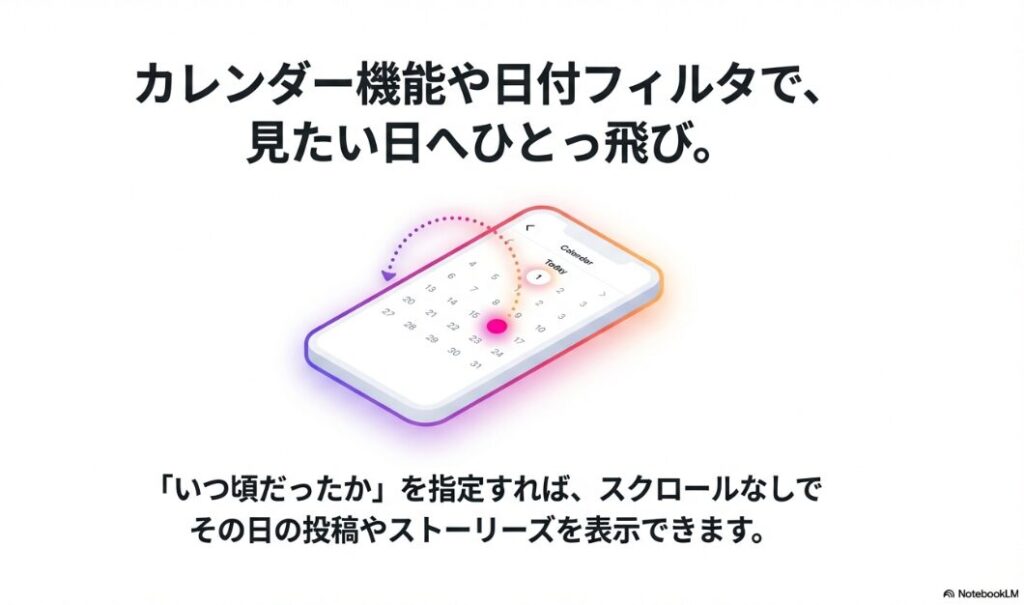 インスタで日付検索のやり方完全ガイド｜インスタグラムのカレンダー機能や日付フィルタを使って、見たい日付の投稿を一瞬で表示するイメージ