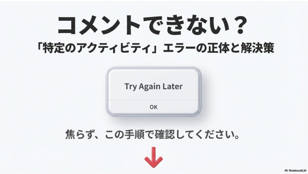インスタで「特定のアクティビティ」エラーが表示され、コメントできない状態の解決策を示したスライド表紙
