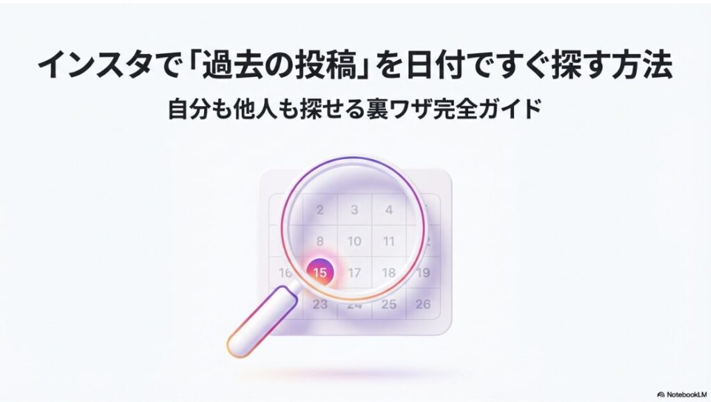 インスタで日付検索のやり方完全ガイド｜インスタグラムのカレンダー上で虫眼鏡を使って特定の日付を探しているイメージイラスト