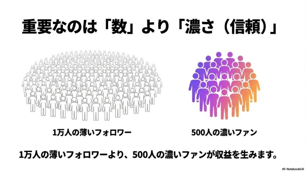 インスタで収益化はフォロワー数より濃いファン！1万人の薄いフォロワーよりも500人の濃いファンが収益を生むという人数の比較図解