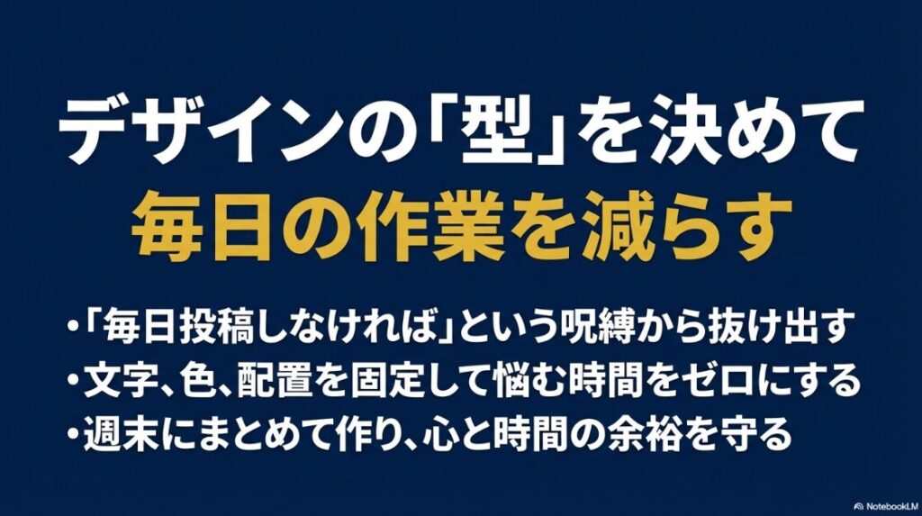 インスタで顔出しなしで稼ぐ完全戦略｜文字や色などのデザインの型を固定し、週末のまとめ作りで毎日の作業時間を減らす工夫