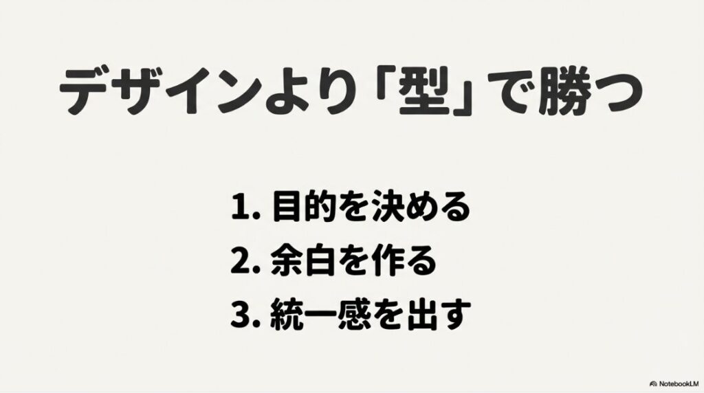 インスタの区切り線のおしゃれ素材：目的を決め、余白を作り、統一感を出すという、デザインより型で勝つための基本ステップをまとめたスライド