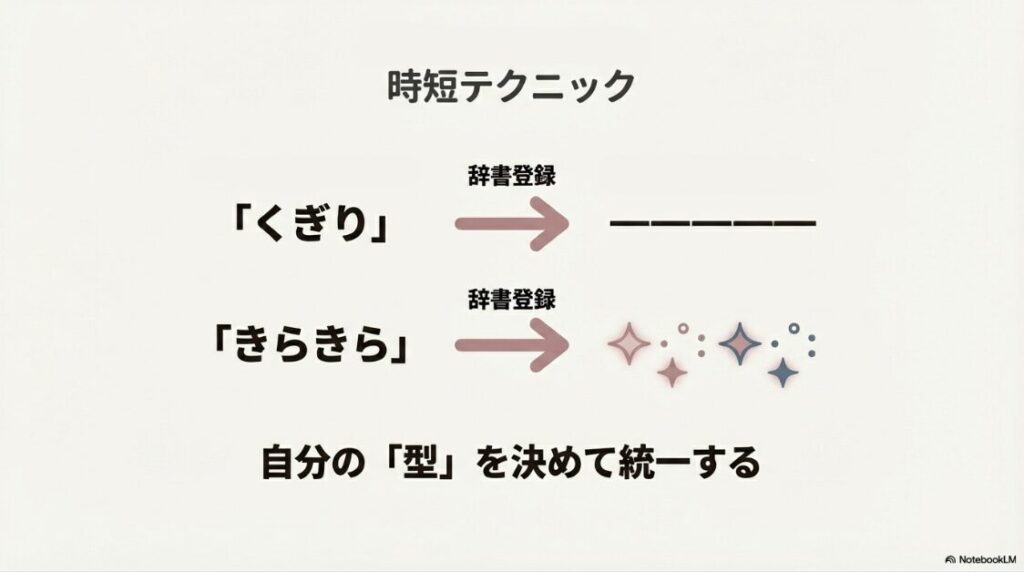 インスタの区切り線のおしゃれ素材：自分の型を決めて統一し、よく使う区切り線を辞書登録して効率化する時短テクニックを解説したスライド