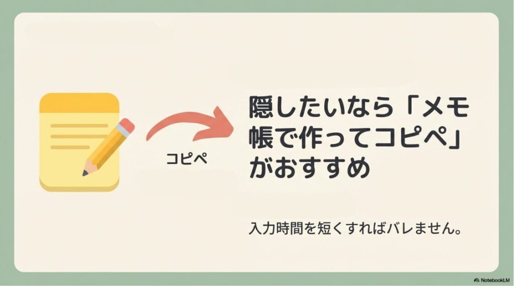 インスタのDMで「入力中…」がでない原因：入力中を隠したいなら、メモ帳で文章を作ってコピペし、インスタ上での入力時間を短くすればバレません。