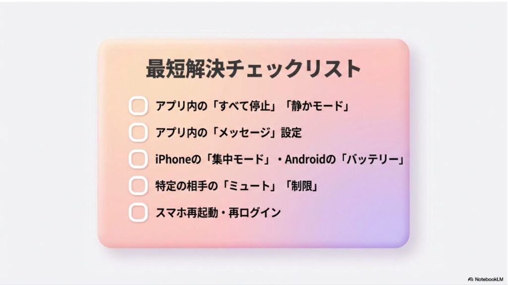 インスタの通知がこない？DMの原因：インスタアプリの設定、スマホの制限解除、ミュート確認から最終手段までを網羅した、DM通知が来ない時の最短解決チェックリスト