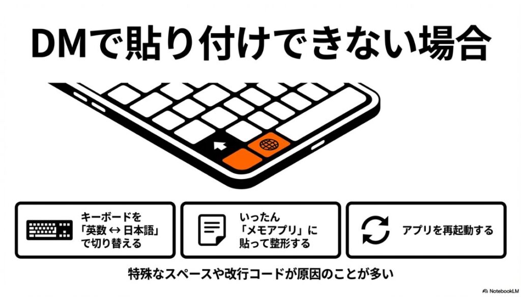 インスタの本文をコピーできない原因と解決策|インスタのDMでテキストがペーストできない時の対処法(キーボード切り替え、メモアプリ経由など)