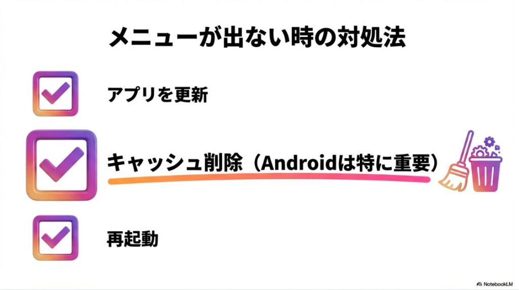 インスタで時間指定してDMを送るやり方│DMメニューが出ない時の対処法・アプリ更新とキャッシュ削除チェックリスト