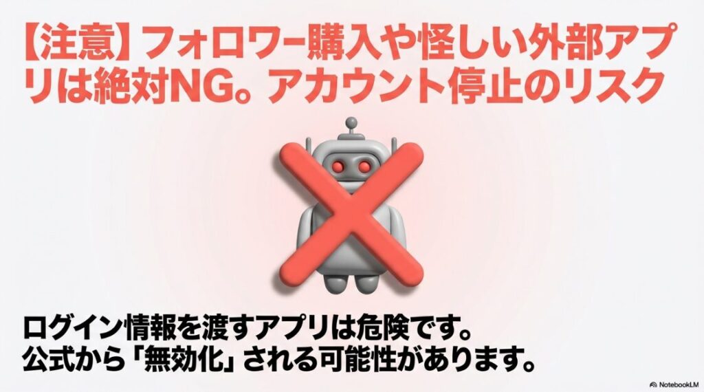 インスタライブの配信ができない？制限はなぜ：ログイン情報を渡す外部アプリやフォロワー購入はアカウント停止（BAN）のリスクがあるため使用禁止であることを伝える警告画像。