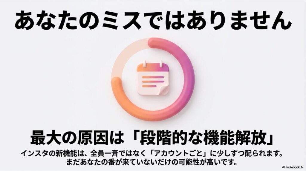 インスタのプロフィールに音楽を追加できない：インスタの新機能が反映されない最大の原因はアカウントごとの段階的な機能解放