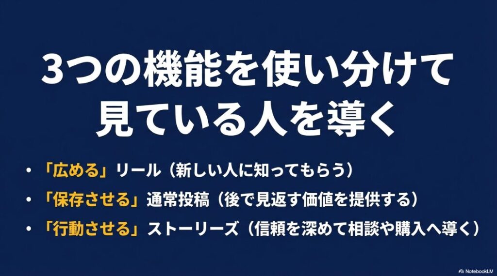 インスタで顔出しなしで稼ぐ完全戦略｜リールで新しい人に広め、通常投稿で保存させ、ストーリーズで行動させるという3つの機能の役割