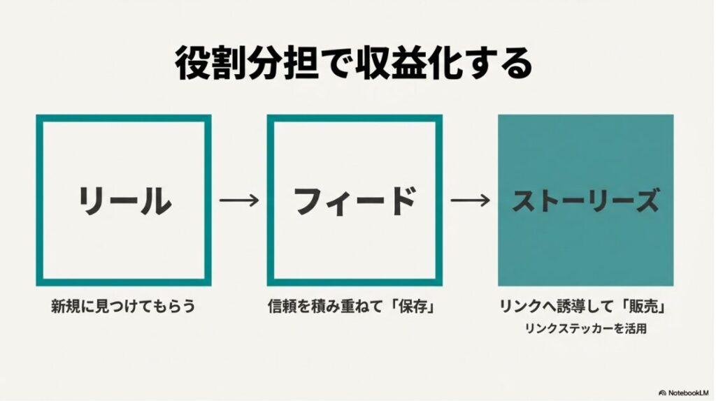 インスタで旅行を発信して稼ぐ！リールで新規に見つけてもらい、フィードで信頼を積み重ねて保存させ、ストーリーズでリンクへ誘導して販売する役割分担の図解。