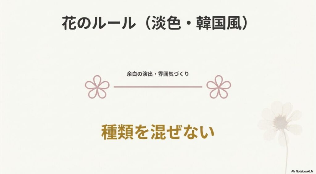 インスタの区切り線のおしゃれ素材：種類を混ぜずに統一し、余白の演出や淡色・韓国風の雰囲気づくりに活用する花の区切り線ルールを解説したスライド