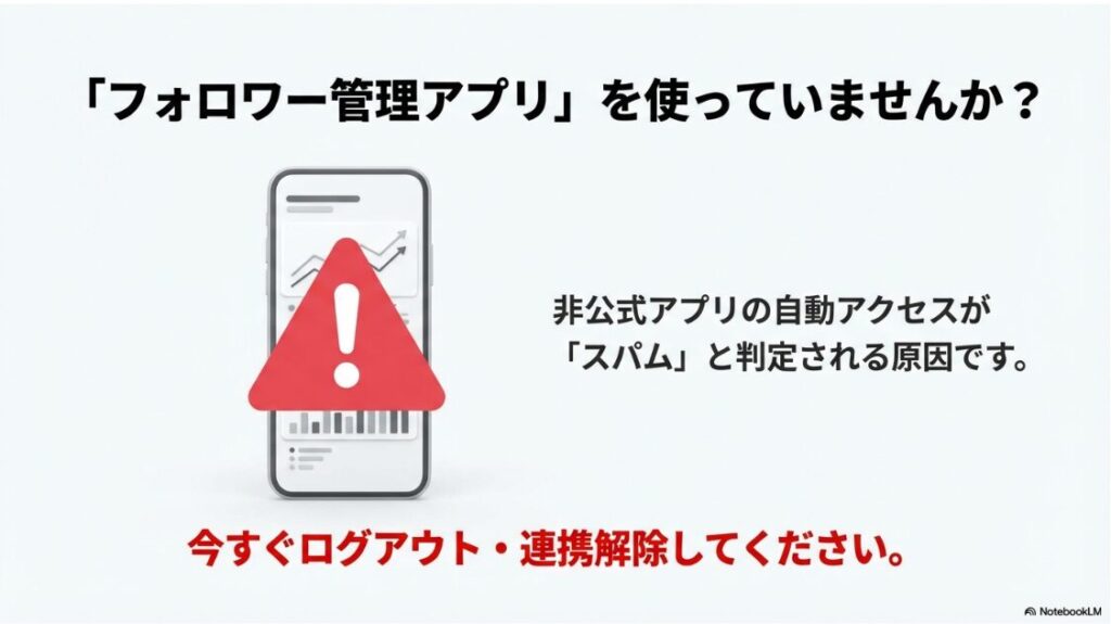 非公式のフォロワー管理アプリが自動アクセスすることで、Instagramからスパムと判定されるリスクについての警告