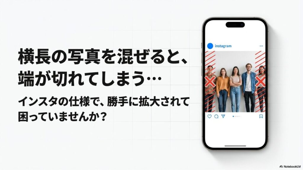 インスタグラムで横長の写真を混ぜて投稿すると端が切れたり勝手に拡大されてしまう問題のイメージ図
