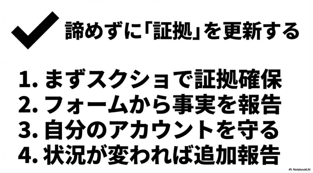 インスタのなりすましを報告しても削除されない：インスタグラムのなりすまし対応まとめ。証拠確保、事実報告、アカウント自衛、状況変化に応じた追加報告のサイクル