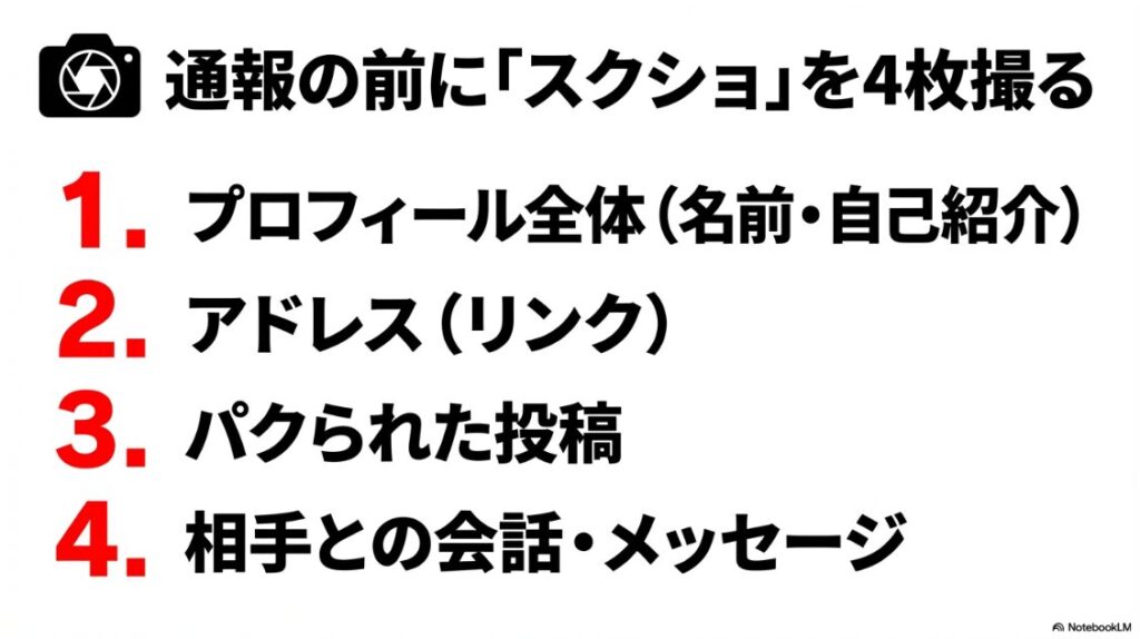 インスタグラムのなりすまし報告で保存すべき4種類のスクリーンショット（プロフィール、URL、投稿、DM）