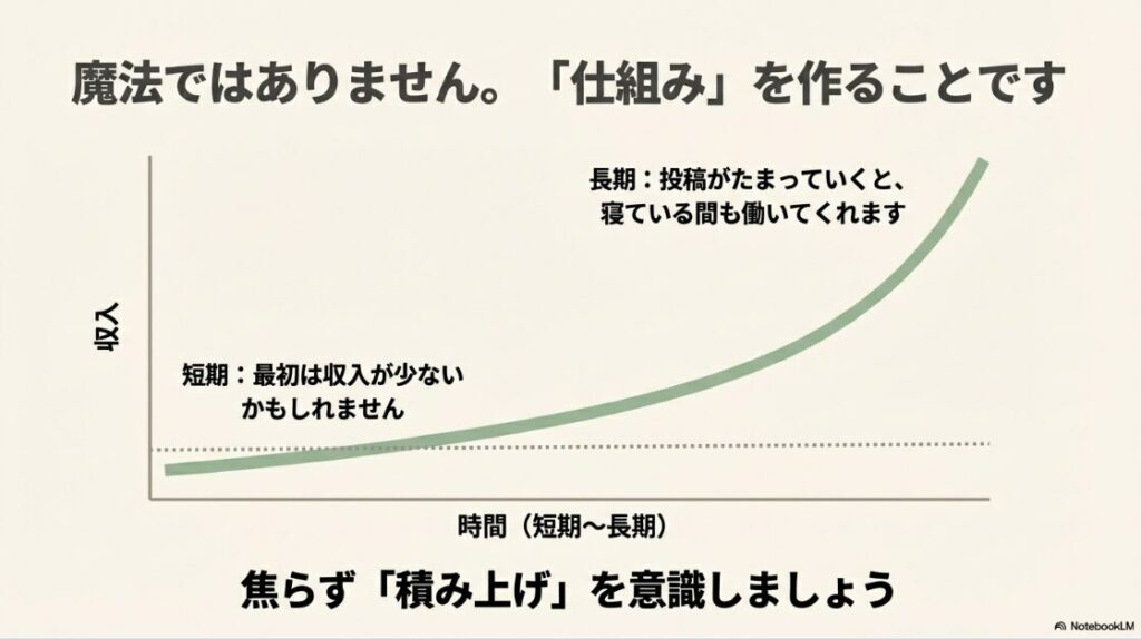 インスタ運用は魔法ではなく仕組み作りであり、最初は収入が少なくても長期的な積み上げで伸びることを示すグラフ