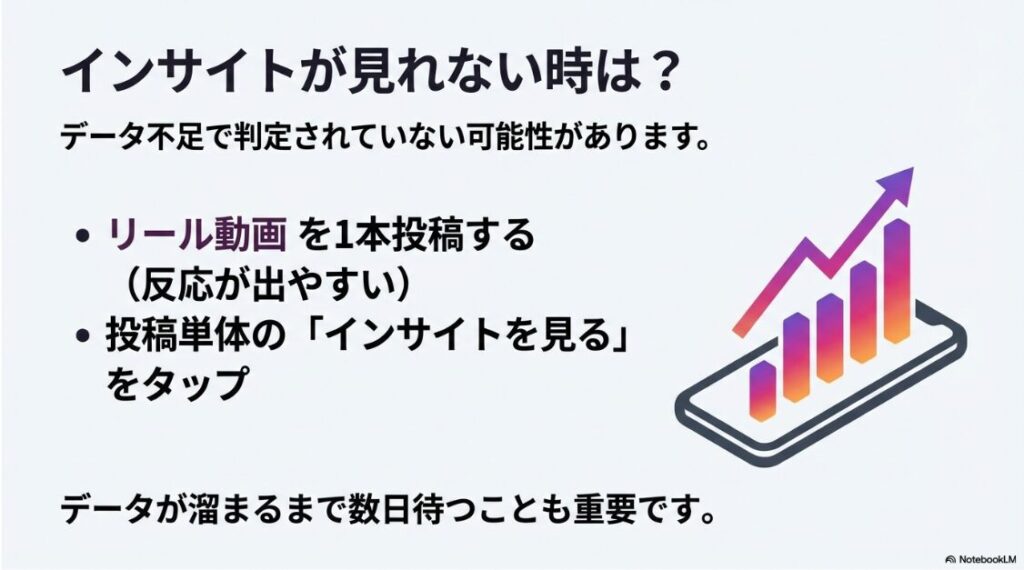 インスタのプロアカウントがステップ完了できない原因:インサイトデータ不足で判定されない場合の対処法。反応が出やすいリール動画を投稿してデータ蓄積を待つ手順