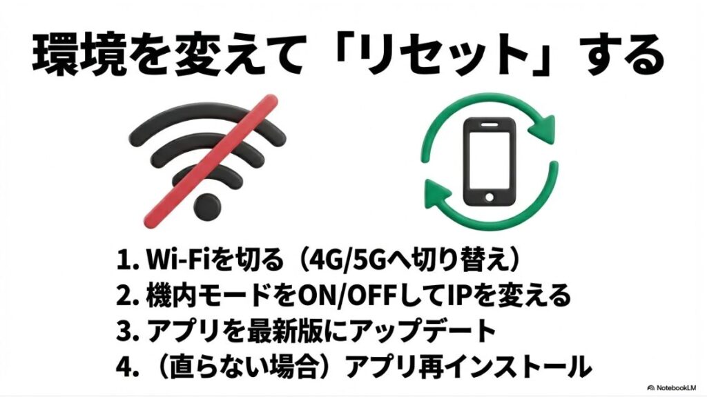 インスタにコメントできない？特定のアクティビティが出る原因：Wi-Fiを切って4G/5Gに切り替えたり、機内モードを利用してIPアドレスを変更し、制限解除を試みる手順