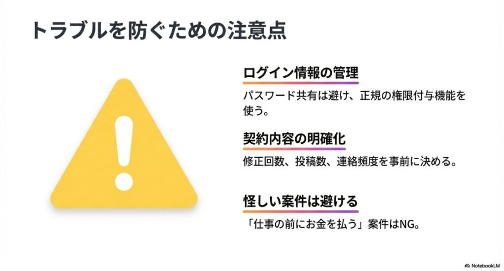 インスタ運用代行副業のトラブル対策：ログイン情報の管理、契約内容の明確化、怪しい案件の回避
