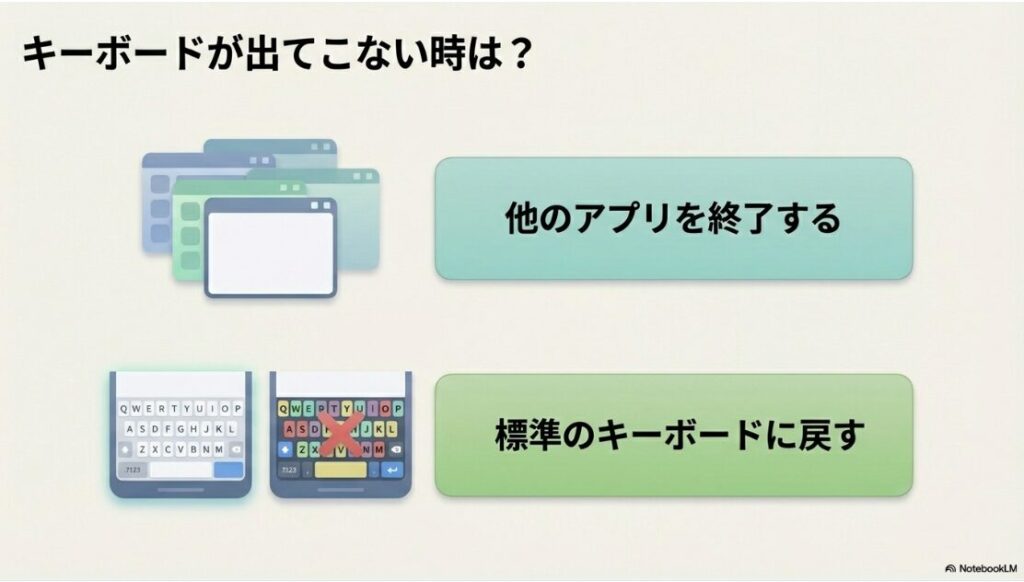 インスタのストーリーでテキストの入力ができない：スマホのキーボード画面。キーボードが出てこない時は、他のアプリを終了する、標準のキーボードに戻す対処法が有効 。