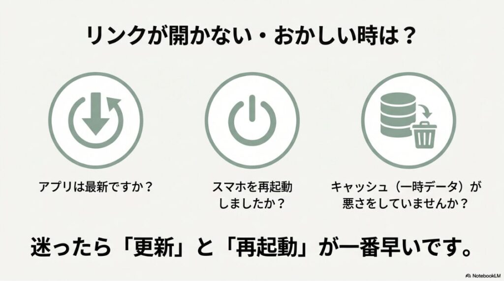 インスタのバナーを消す方法｜リンクがおかしい時の対処法・アプリ更新と再起動のアイコン