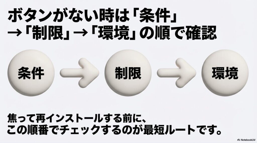 インスタライブの配信ができない？制限はなぜ：インスタライブのボタンが表示されない時は、焦って再インストールする前に「条件」「制限」「環境」の順で確認するのが最短ルートであるというフロー図。