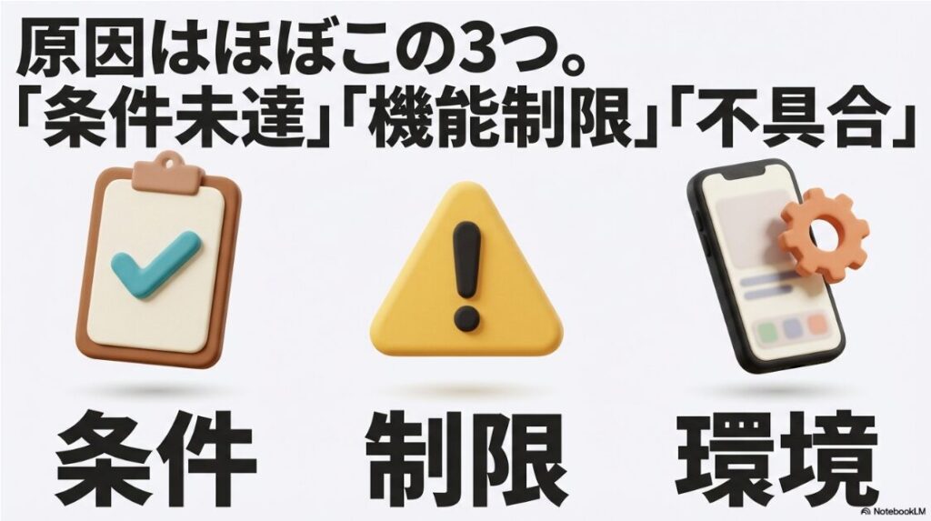 インスタライブの配信ができない？制限はなぜ：インスタライブができない原因は主に「条件未達」「機能制限」「不具合」の3つであると解説する図解。