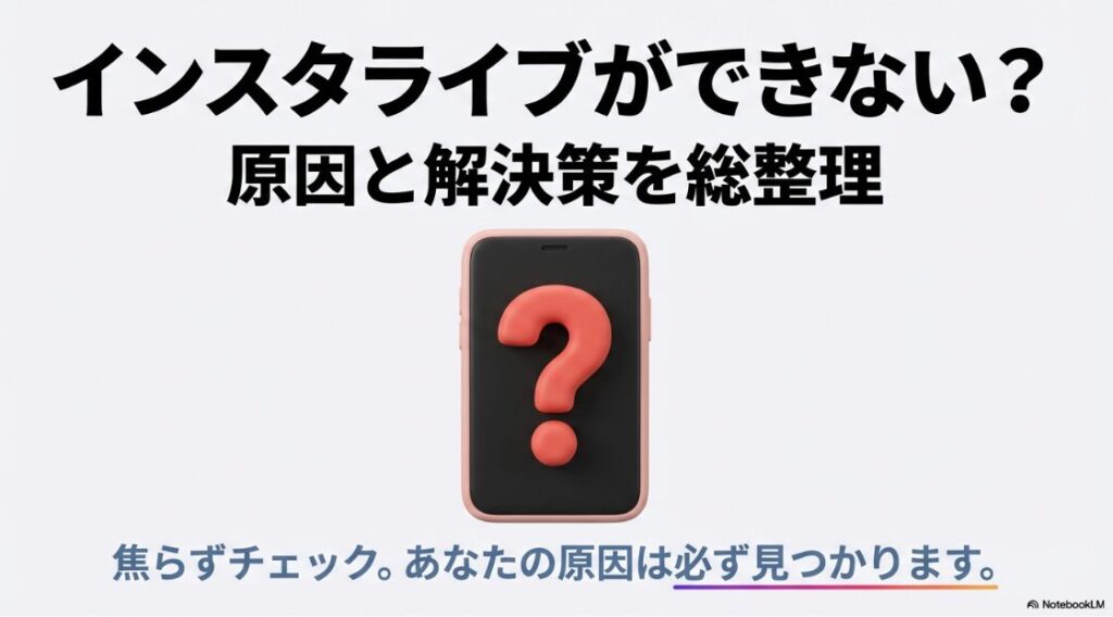 インスタライブの配信ができない？制限はなぜ：インスタライブができない原因と解決策を総整理したスライドの表紙画像。スマホと歯車のイラスト。