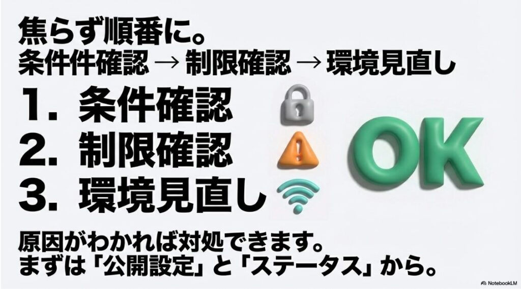 インスタライブの配信ができない？制限はなぜ：インスタライブができない時は、条件確認、制限確認、環境見直しの3ステップを順番に行えば解決するというまとめのスライド。