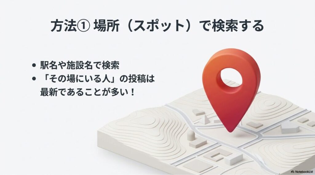 インスタの検索で新着順：インスタ検索の代替案1。駅名や施設名などの場所（スポット）検索を使って、その場にいる人の最新投稿を見つける方法。