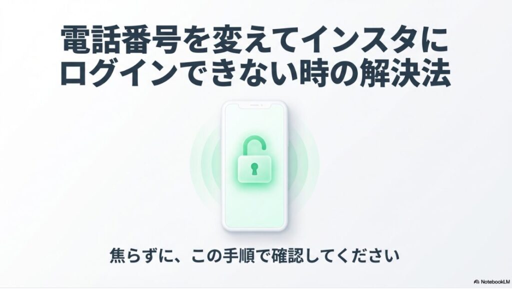 焦らずに手順を確認するよう促す、インスタグラムで電話番号変更後にログインできない問題の解決法を解説したスライドの表紙