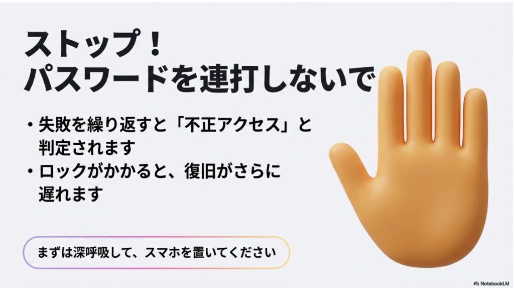 インスタを機種変更でログインできない：インスタログイン失敗時にパスワードを連打してはいけない理由。不正アクセス判定やロックによる復旧遅延を防ぐための注意点。