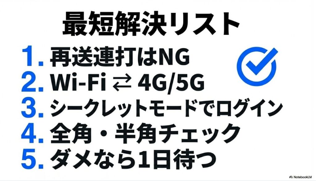 インスタの認証コードを6桁入れたのに進まない？再送連打NG、通信切り替え、シークレットモード、入力チェック、待機時間の5つをまとめた解決リスト