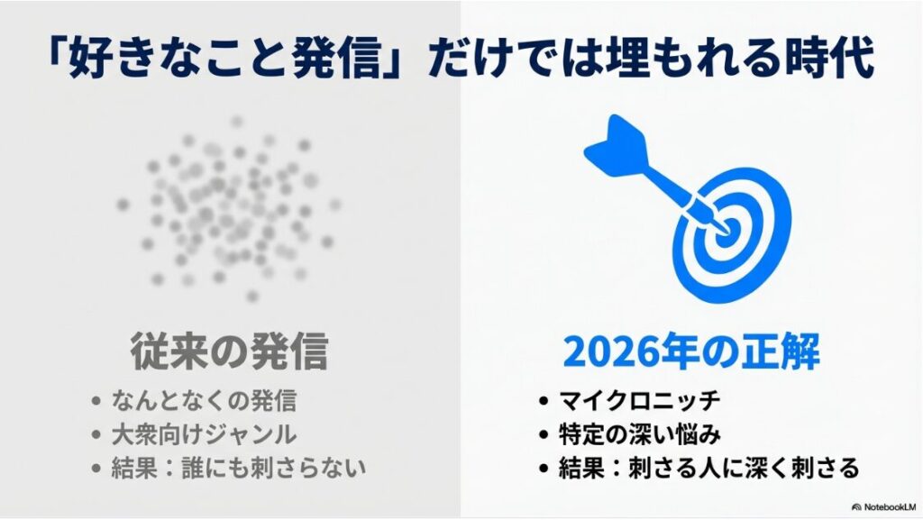 従来の大衆向けの発信から、2026年の正解である特定の深い悩みにフォーカスしたマイクロニッチ戦略への変化を図解