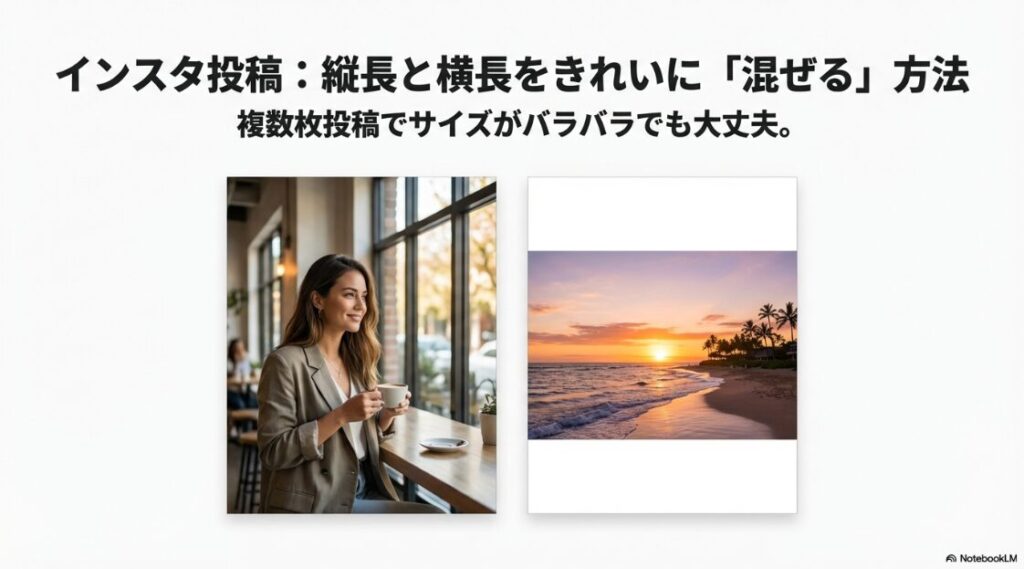インスタの投稿サイズを混合：インスタグラムの投稿で縦長と横長の写真をきれいに混ぜる方法のタイトルスライド画像