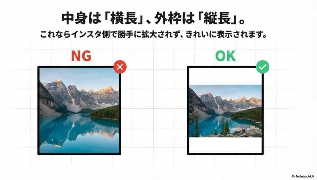 インスタの投稿サイズを混合：インスタグラムで縦長の投稿枠に横長の写真をそのまま入れてしまい勝手に拡大表示されたNG例の画像